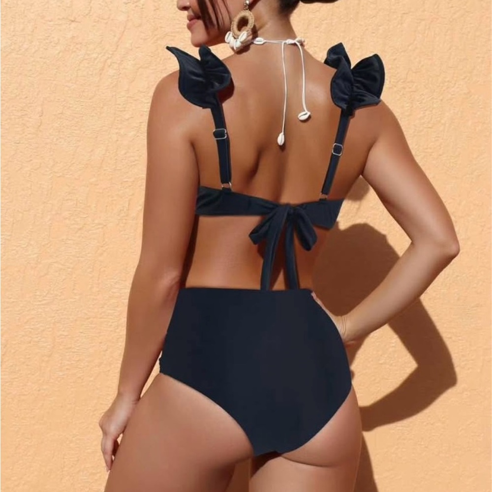 Black Ruffle Sleeve Gold V Detail Bow Bottoms Tie Bikini High Waisted Size M NWT - Picture 3 of 6